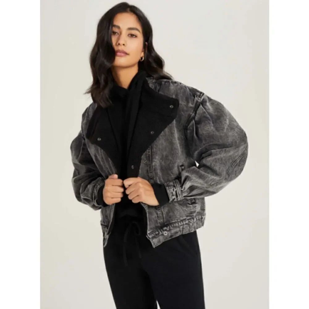Something Navy Teddy faux sheerling denim puff sleeve bomber jacket